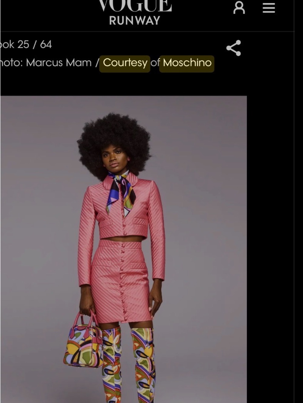 Moschino Resort 2023 Runway look 25 pink quilted cropped jacket & skirt suit 36